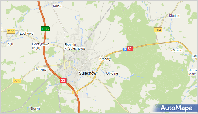 mapa Krężoły gmina Sulechów, Krężoły gmina Sulechów na mapie Targeo