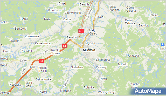 mapa Milówka powiat żywiecki, Milówka powiat żywiecki na mapie Targeo