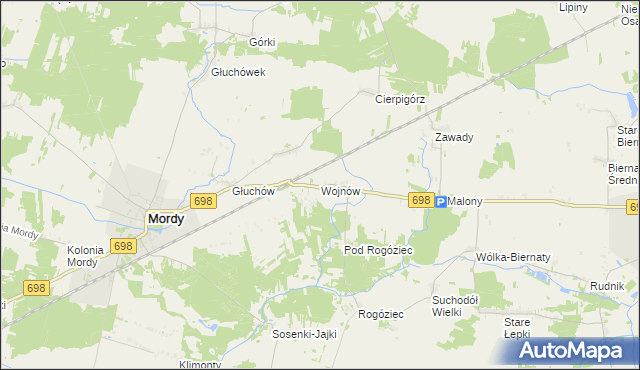 mapa Wojnów gmina Mordy, Wojnów gmina Mordy na mapie Targeo