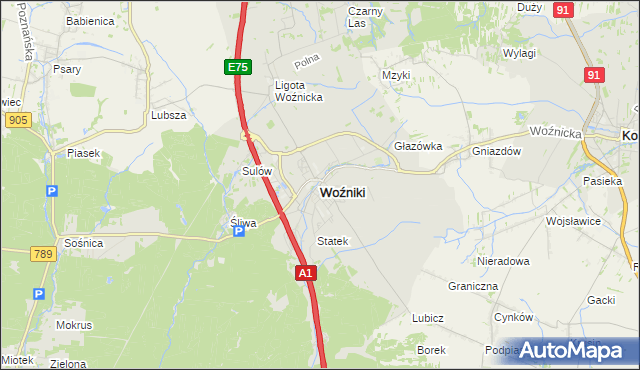 mapa Woźniki powiat lubliniecki, Woźniki powiat lubliniecki na mapie Targeo