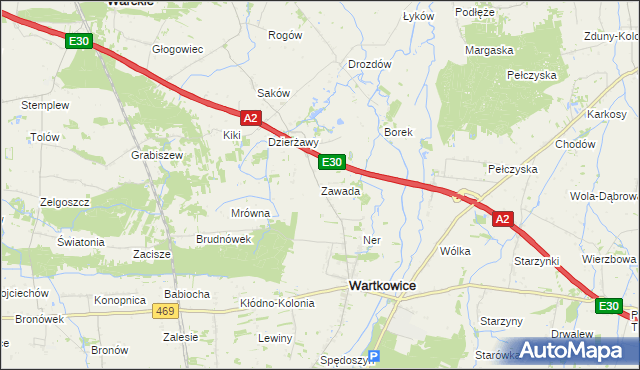 mapa Zawada gmina Wartkowice, Zawada gmina Wartkowice na mapie Targeo