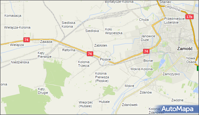 mapa Płoskie gmina Zamość, Płoskie gmina Zamość na mapie Targeo