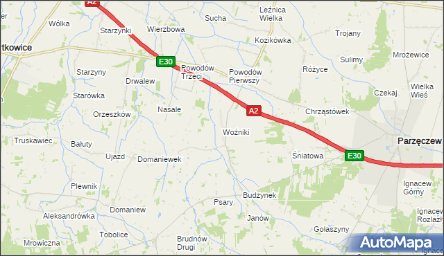 mapa Woźniki gmina Dalików, Woźniki gmina Dalików na mapie Targeo