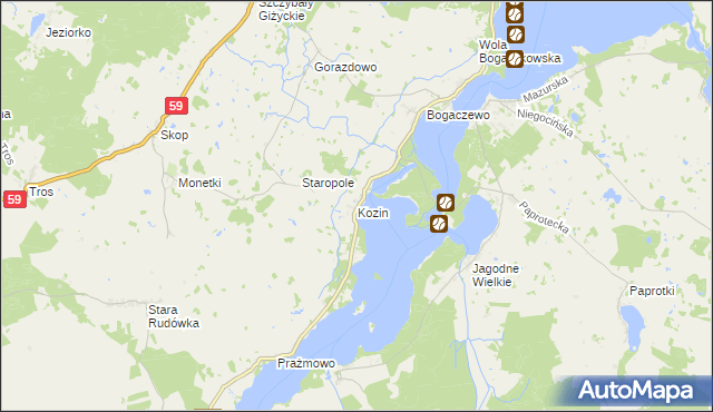mapa Kozin gmina Giżycko, Kozin gmina Giżycko na mapie Targeo