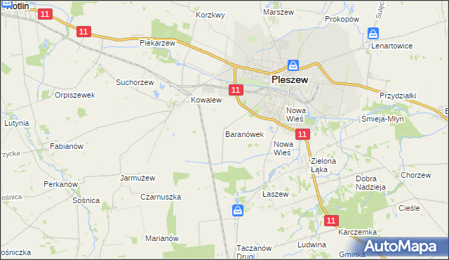 mapa Baranówek gmina Pleszew, Baranówek gmina Pleszew na mapie Targeo