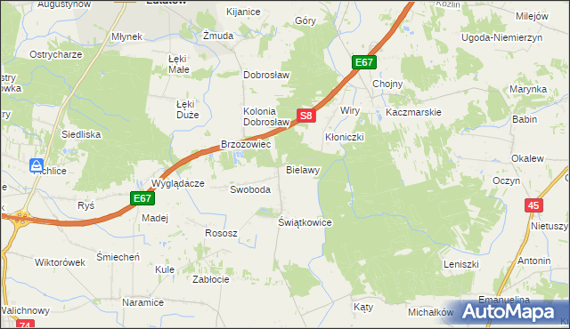 mapa Bielawy gmina Lututów, Bielawy gmina Lututów na mapie Targeo