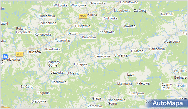 mapa Bieńkówka gmina Budzów, Bieńkówka gmina Budzów na mapie Targeo