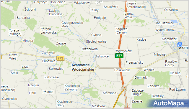 mapa Biskupice gmina Iwanowice, Biskupice gmina Iwanowice na mapie Targeo