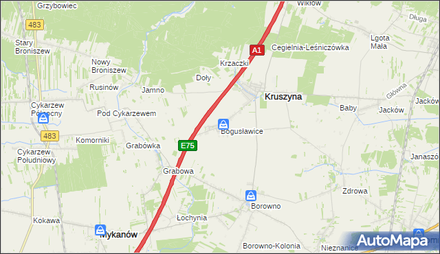 mapa Bogusławice gmina Kruszyna, Bogusławice gmina Kruszyna na mapie Targeo