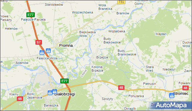 mapa Brzeźce gmina Białobrzegi, Brzeźce gmina Białobrzegi na mapie Targeo