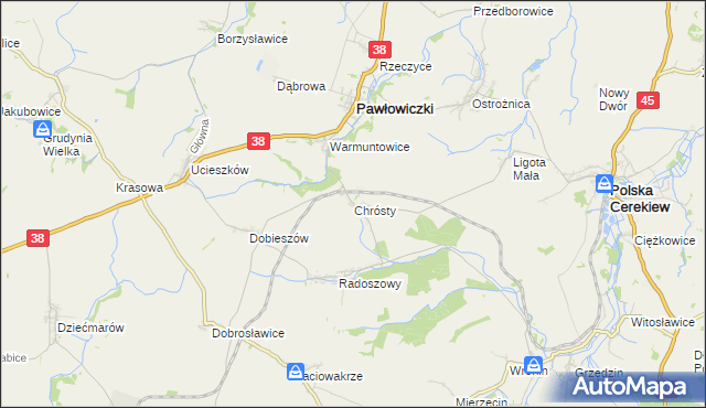 mapa Chrósty gmina Pawłowiczki, Chrósty gmina Pawłowiczki na mapie Targeo