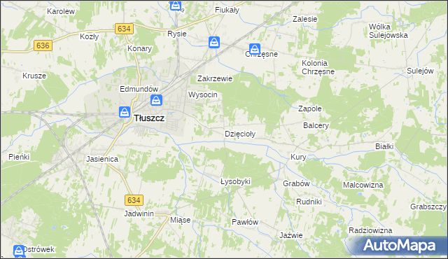 mapa Dzięcioły gmina Tłuszcz, Dzięcioły gmina Tłuszcz na mapie Targeo