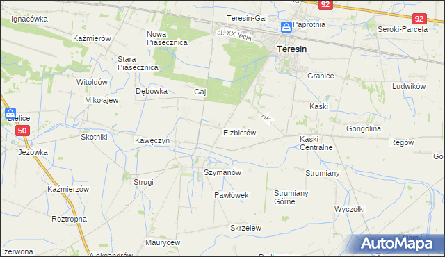 mapa Elżbietów gmina Teresin, Elżbietów gmina Teresin na mapie Targeo