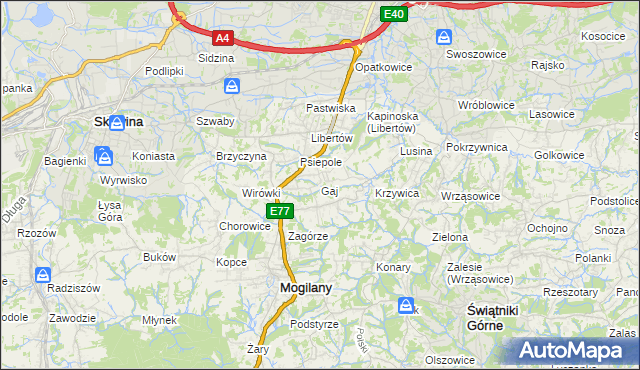 mapa Gaj gmina Mogilany, Gaj gmina Mogilany na mapie Targeo
