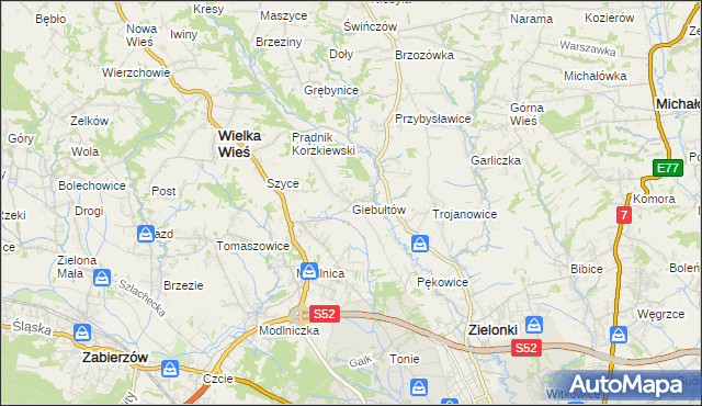 mapa Giebułtów gmina Wielka Wieś, Giebułtów gmina Wielka Wieś na mapie Targeo