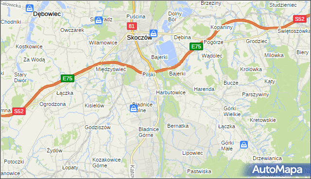 mapa Harbutowice gmina Skoczów, Harbutowice gmina Skoczów na mapie Targeo