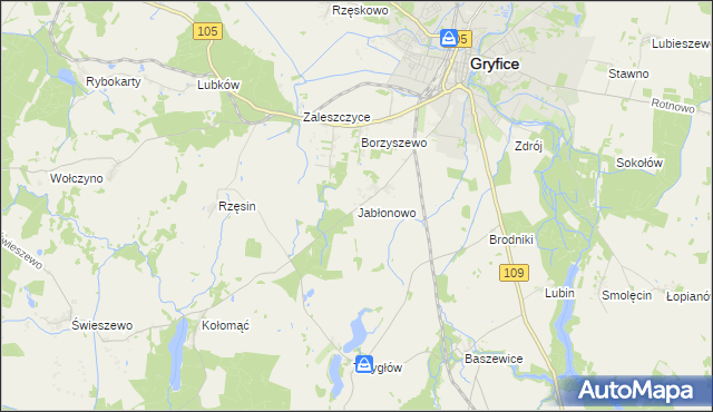 mapa Jabłonowo gmina Gryfice, Jabłonowo gmina Gryfice na mapie Targeo