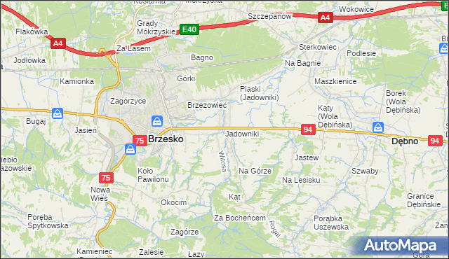 mapa Jadowniki gmina Brzesko, Jadowniki gmina Brzesko na mapie Targeo