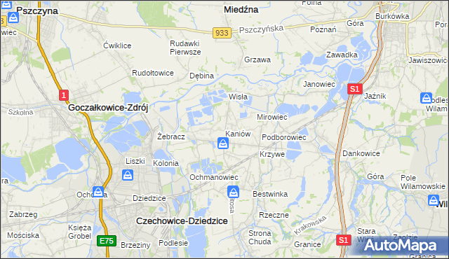 mapa Kaniów gmina Bestwina, Kaniów gmina Bestwina na mapie Targeo