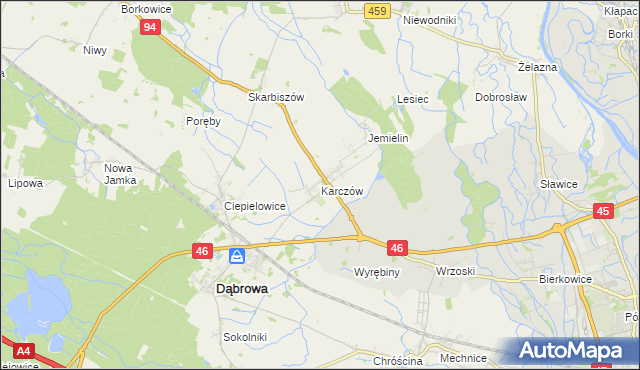 mapa Karczów gmina Dąbrowa, Karczów gmina Dąbrowa na mapie Targeo