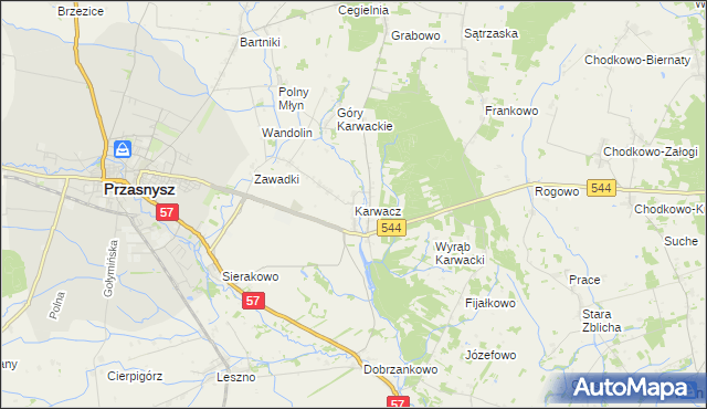 mapa Karwacz gmina Przasnysz, Karwacz gmina Przasnysz na mapie Targeo