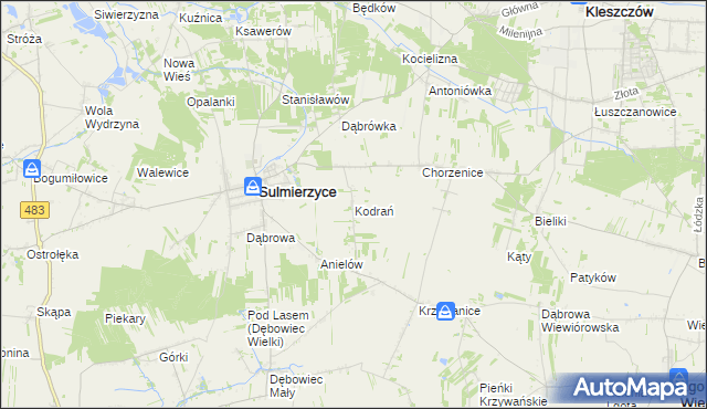 mapa Kodrań gmina Sulmierzyce, Kodrań gmina Sulmierzyce na mapie Targeo