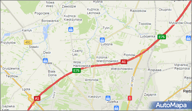 mapa Kolonia Wierzchowisko gmina Mykanów, Kolonia Wierzchowisko gmina Mykanów na mapie Targeo