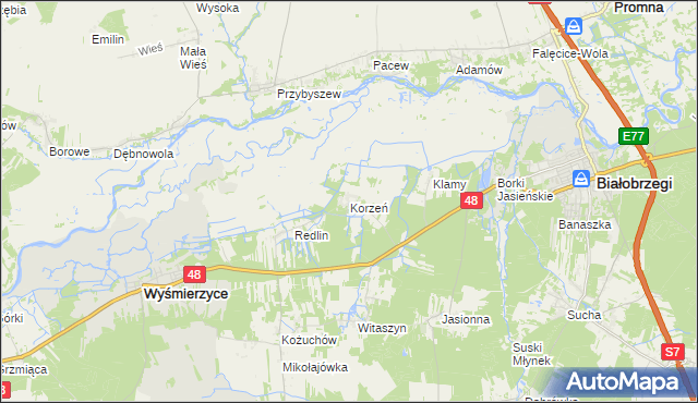 mapa Korzeń gmina Wyśmierzyce, Korzeń gmina Wyśmierzyce na mapie Targeo