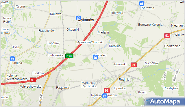 mapa Kościelec gmina Rędziny, Kościelec gmina Rędziny na mapie Targeo