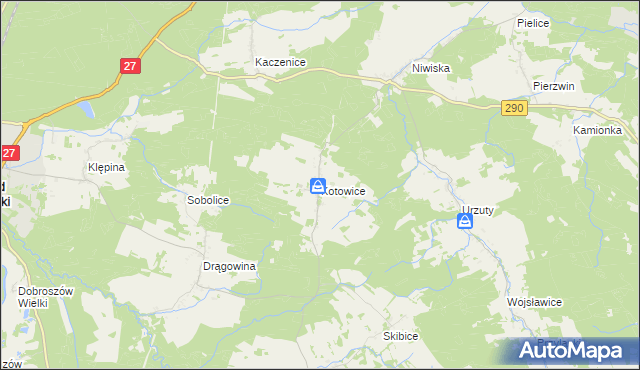 mapa Kotowice gmina Nowogród Bobrzański, Kotowice gmina Nowogród Bobrzański na mapie Targeo