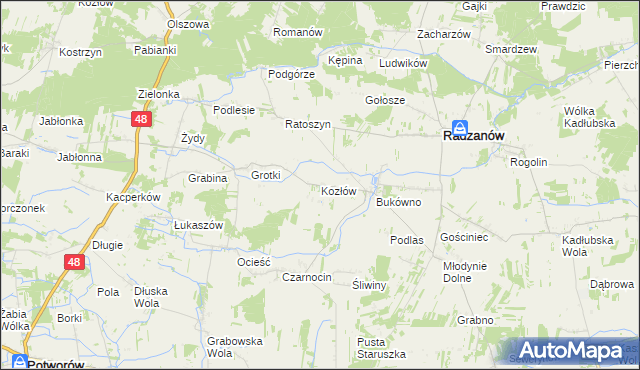 mapa Kozłów gmina Radzanów, Kozłów gmina Radzanów na mapie Targeo