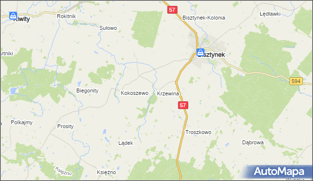 mapa Krzewina gmina Bisztynek, Krzewina gmina Bisztynek na mapie Targeo