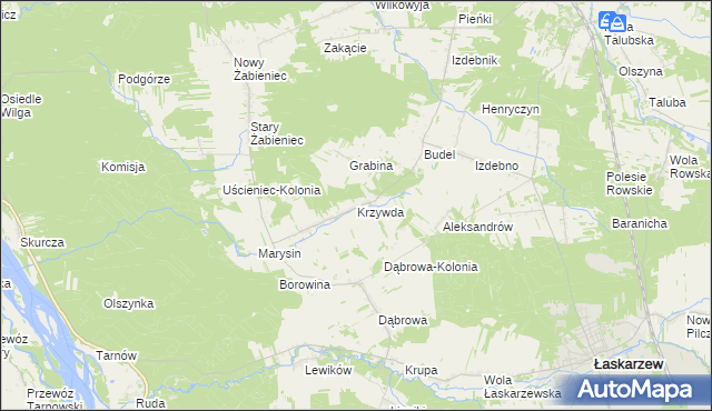 mapa Krzywda gmina Łaskarzew, Krzywda gmina Łaskarzew na mapie Targeo