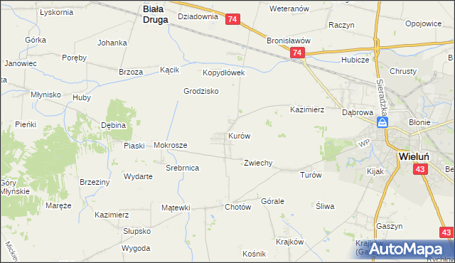 mapa Kurów gmina Wieluń, Kurów gmina Wieluń na mapie Targeo