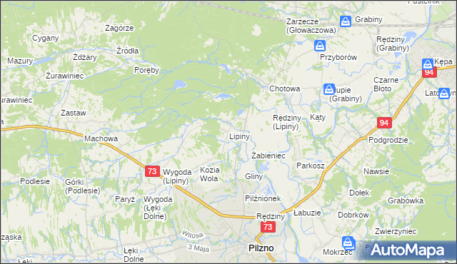 mapa Lipiny gmina Pilzno, Lipiny gmina Pilzno na mapie Targeo