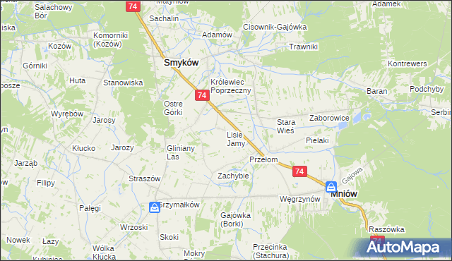 mapa Lisie Jamy gmina Mniów, Lisie Jamy gmina Mniów na mapie Targeo