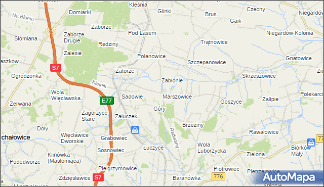 mapa Marszowice gmina Kocmyrzów-Luborzyca, Marszowice gmina Kocmyrzów-Luborzyca na mapie Targeo