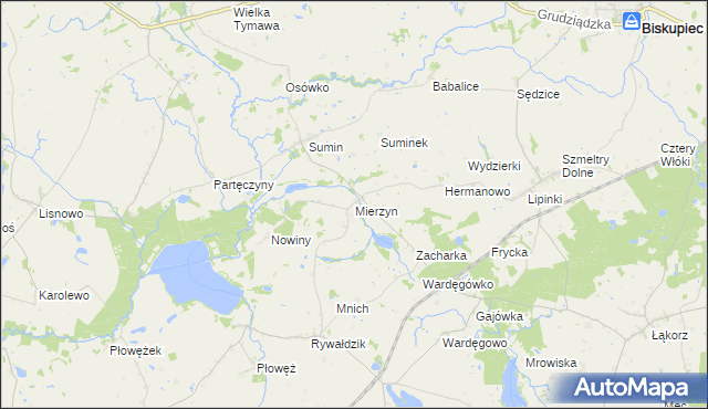mapa Mierzyn gmina Biskupiec, Mierzyn gmina Biskupiec na mapie Targeo