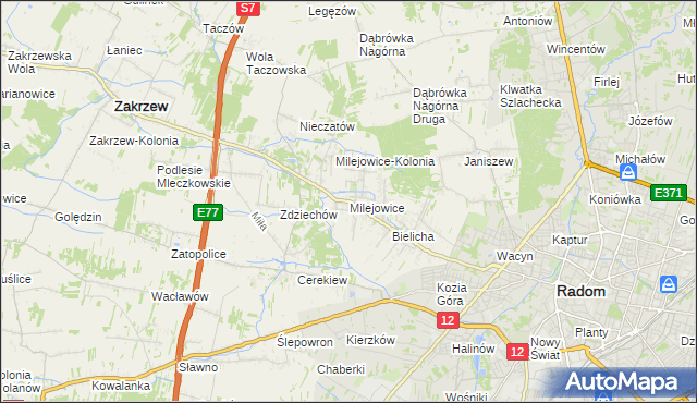 mapa Milejowice gmina Zakrzew, Milejowice gmina Zakrzew na mapie Targeo