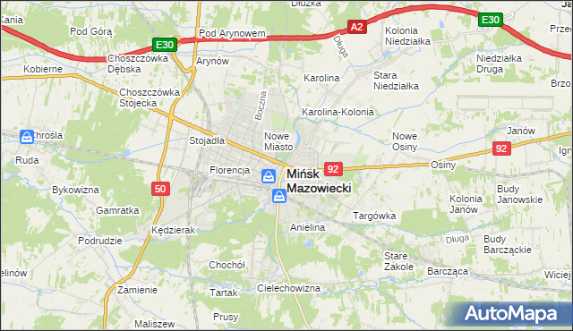 mapa Mińsk Mazowiecki, Mińsk Mazowiecki na mapie Targeo