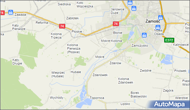 mapa Mokre gmina Zamość, Mokre gmina Zamość na mapie Targeo