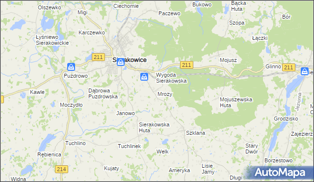 mapa Mrozy gmina Sierakowice, Mrozy gmina Sierakowice na mapie Targeo