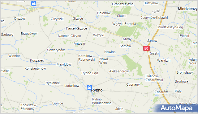 mapa Nowa Wieś gmina Rybno, Nowa Wieś gmina Rybno na mapie Targeo