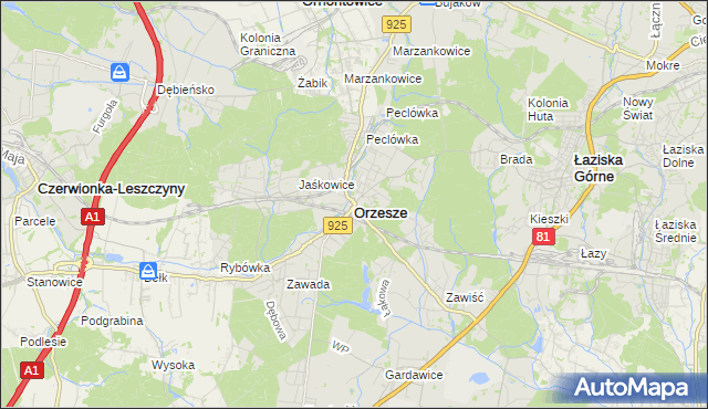 mapa Orzesze powiat mikołowski, Orzesze powiat mikołowski na mapie Targeo
