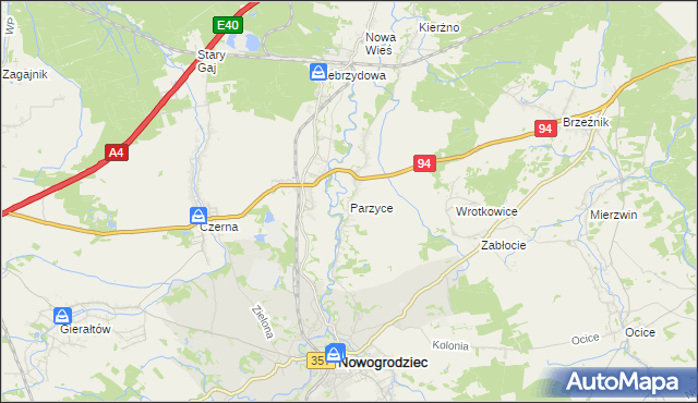 mapa Parzyce gmina Nowogrodziec, Parzyce gmina Nowogrodziec na mapie Targeo