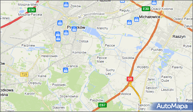 mapa Pęcice Małe, Pęcice Małe na mapie Targeo