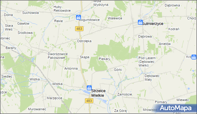 mapa Piekary gmina Strzelce Wielkie, Piekary gmina Strzelce Wielkie na mapie Targeo