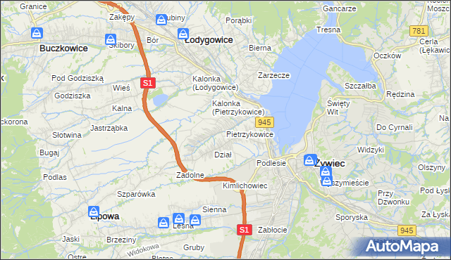 mapa Pietrzykowice gmina Łodygowice, Pietrzykowice gmina Łodygowice na mapie Targeo