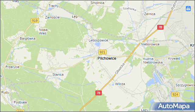 mapa Pilchowice powiat gliwicki, Pilchowice powiat gliwicki na mapie Targeo