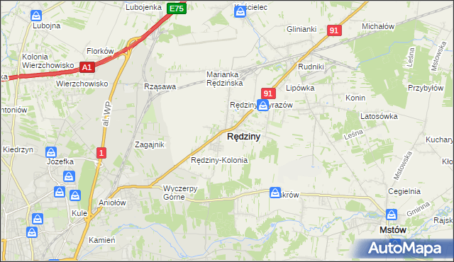 mapa Rędziny powiat częstochowski, Rędziny powiat częstochowski na mapie Targeo